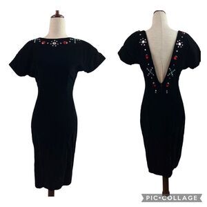 Vintage 80s Datiani Velvet Jeweled Open Back Black Dress